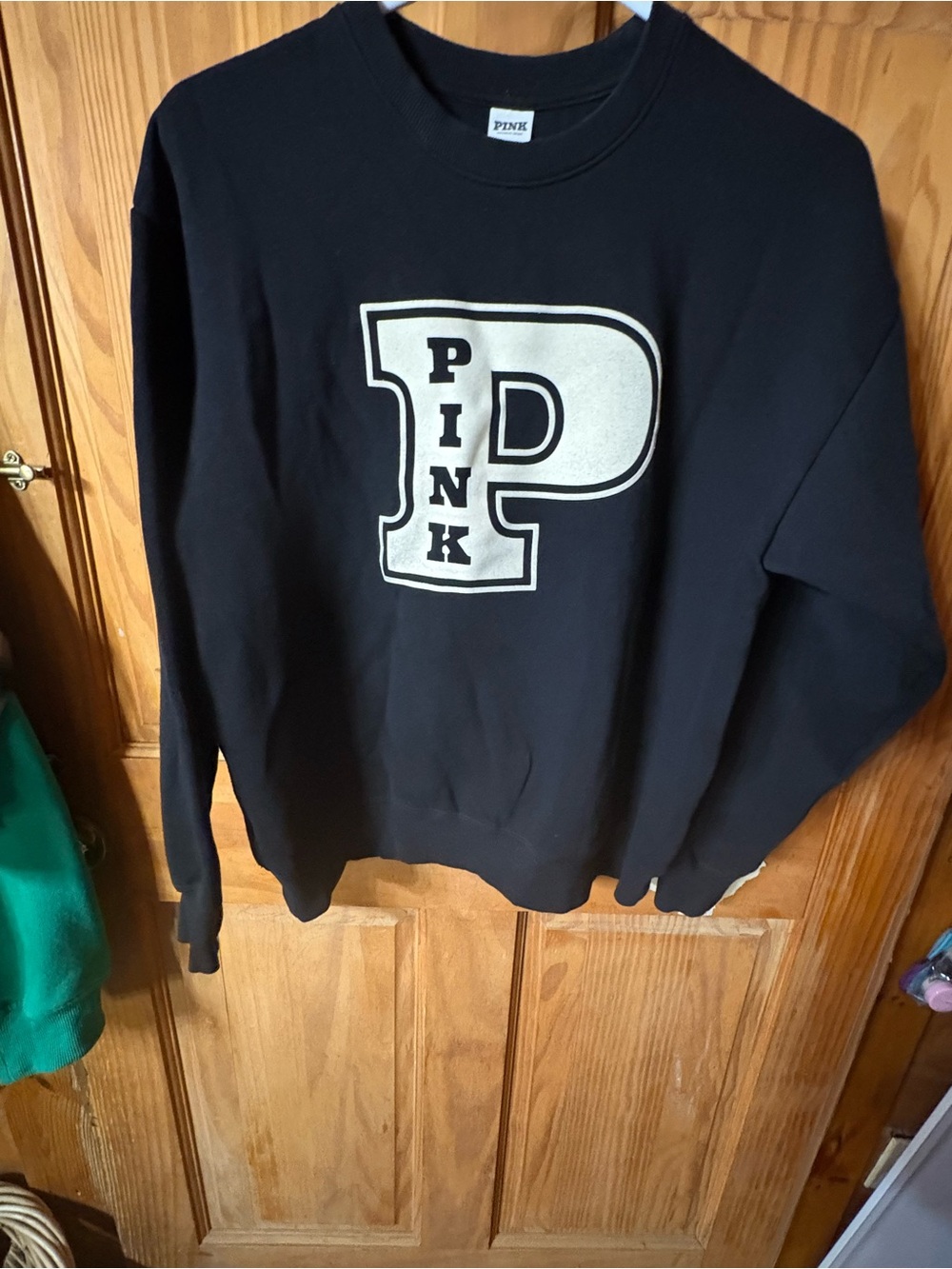 PINK Victoria's Secret Black Crewneck with Cream 'P' Logo